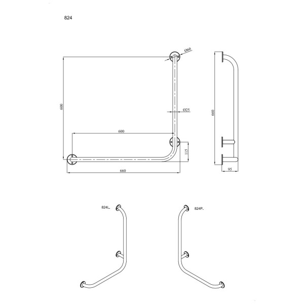 Uchwyt kątowy lewy 60x60cm Ø25 ANDEX Bez Barier 824/L/B stal nierdzewna biały
