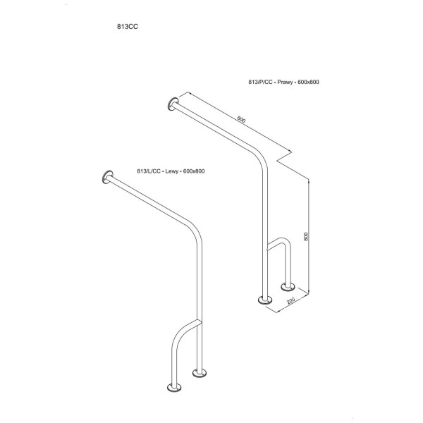 Uchwyt ścienno-podłogowy Ø25 prawy 60x80cm ANDEX Bez Barier 813/P/CC stal nierdzewna polerowana