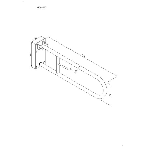 Uchwyt półokrągły Ø25 uchylny 70cm z płytą i wieszakiem na papier ANDEX Bez Barier 820/W/70B stal nierdzewna biały