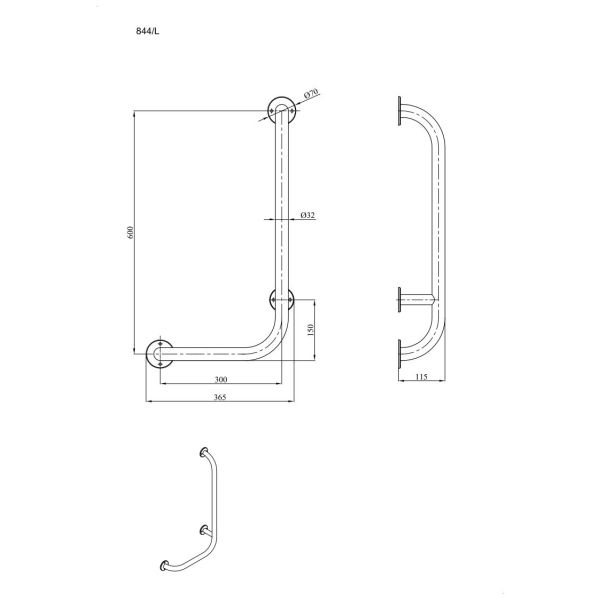 Uchwyt kątowy Ø32 lewy 60x30cm ANDEX Bez Barier 844/L/CC stal nierdzewna polerowana