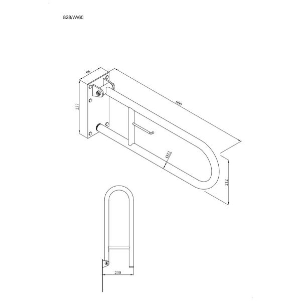 Uchwyt półokrągły Ø32 uchylny 60cm z płytą i wieszakiem na papier ANDEX Bez Barier 828/W/B stal nierdzewna biały